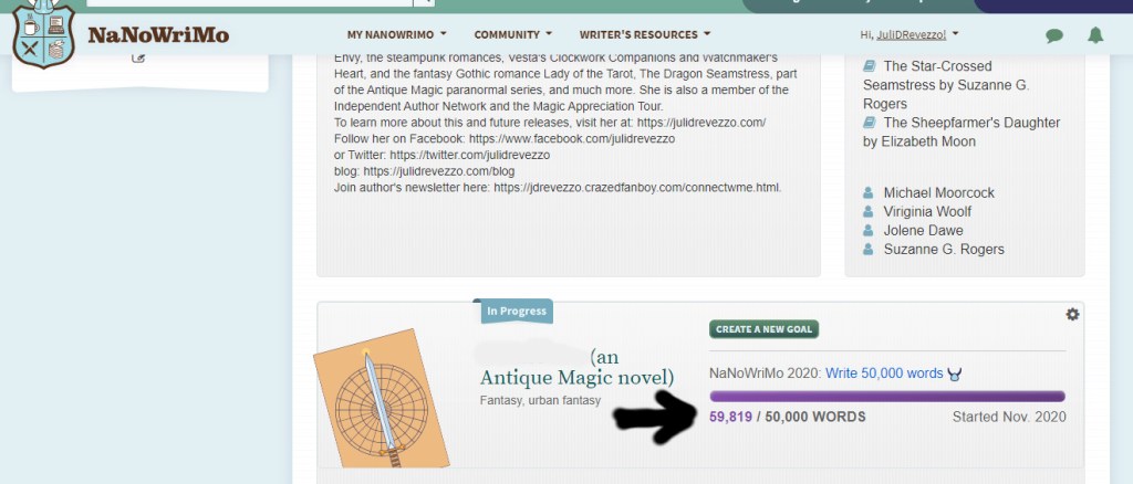 Juli D. Revezzo, Antique magic series progress, Nanowrimo 2020, paranormal, urban fantasy, witch fantasy, writing progress